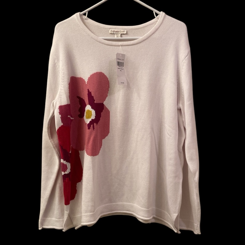 NWT Coldwater Creek Sweater Spring White Flowers Mauve Pink Maroon WM SZ PXL 🌺